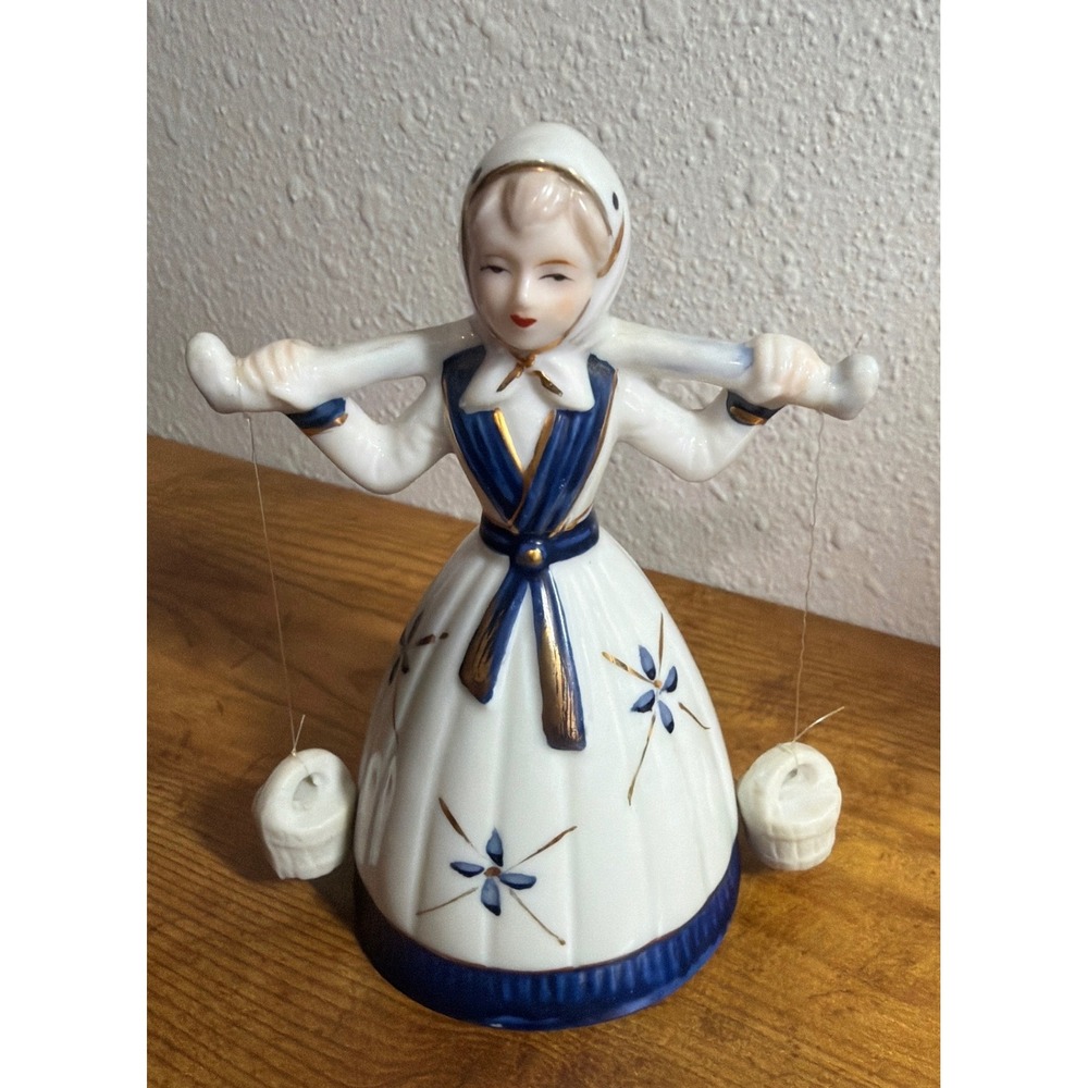 Delft Blauw Dutch Girl Bell Figurine Porcelain Blue White Gold Buckets Vintage